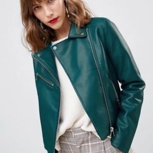 Stradivarius Faux Leather Biker Jacket Emerald Green